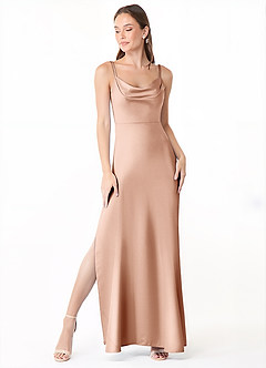 Azazie Alaija Jurken voor bruidsmeisjes Jurk van Stretch Satijn met Zeemeermin Zijsplit Rosé Goud image2