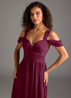 Azazie Lianne Bridesmaid Dresses Mulberry A-Line Off the Shoulder Stretch Satin Dress image3