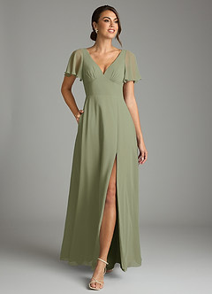 Azazie Kimber Vestidos de damas de honor Vestido de Pistacho de Gasa de Corte en A con Manga volante image4