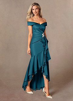 Azazie Billings Mother of the Bride Dresses Ink Blue Mermaid Off the Shoulder Stretch Satin Dress image6