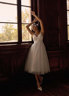 Azazie Liana Wedding Dresses Diamond White A-Line V-Neck Sequins Tulle Dress image6