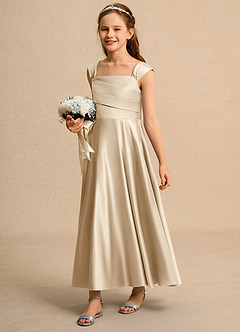 Azazie Bundle Girls Formal Flower Girl Dresses Champagne A-Line Pleated Matte Satin Dress image5
