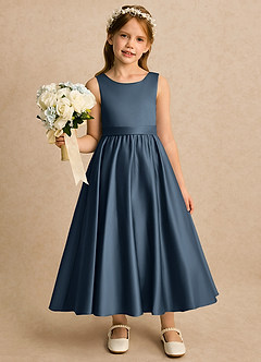 Azazie Karlie vestidos de niña de las flores Vestido Neptuno de Satin Mate de Línea A con Plisado image4
