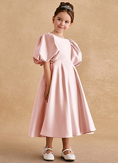 Azazie Sugarplum Flower Girl Dresses Blushing Pink A-Line with Sleeves Matte Satin Dress image6