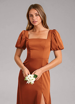 Azazie Fyona Bridesmaid Dresses Cinnamon A-Line Pleated Stretch Satin Dress image6