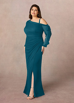 Azazie Marna Final Sale Ink Blue Sheath One Shoulder Mesh Dress image7