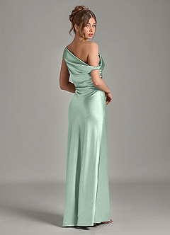 Azazie Emerson Bridesmaid Dresses Agave Mermaid Off the Shoulder Metallic Satin Dress image6