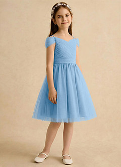 Azazie Lila Girls Formal Robe Demoiselle D'honneur Fillette Robe Trapèze en Tulle Épaules dénudées Poudre Bleue image5