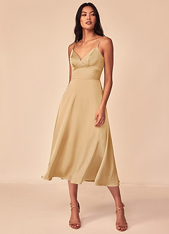Azazie Dottie Bridesmaid Dresses Gold A-Line Stretch Satin Dress image3