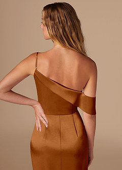 Azazie Lia Bridesmaid Dresses Copper Sheath Off the Shoulder Metallic Satin Dress image2