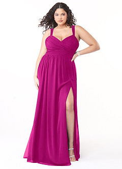 Azazie Aziza Vestidos de damas de honor Vestido de Fucsia de Gasa de Corte en A con Cuello en V Plisado image7