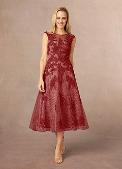 Azazie Flynn Mother of the Bride Dresses Rust A-Line Boatneck Lace Tulle Dress image1