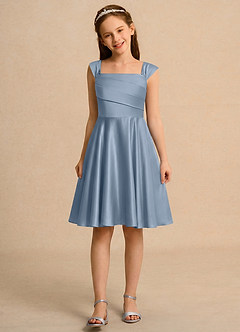Azazie Budle Girls Formal Flower Girl Dresses Dusty Blue A-Line Pleated Matte Satin Dress image4