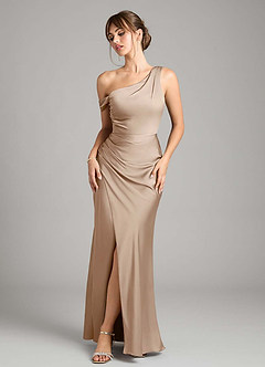Azazie Madelyn Bridesmaid Dresses Taupe Mermaid One Shoulder Stretch Satin Convertible Dress image1
