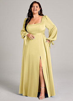 Azazie Leonia Vestidos de damas de honor Vestido de Sorbete De Limón de Satén Elástico de Corte en A con Manga larga image8