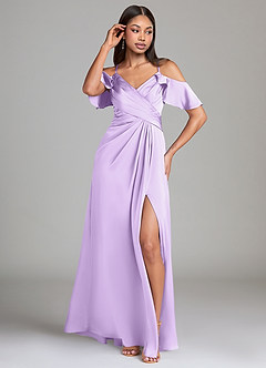 Azazie Dakota Bridesmaid Dresses Lilac A-Line Off the Shoulder Stretch Satin Dress image4