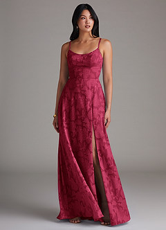 Azazie Moira Bridesmaid Dresses Burgundy A-Line Side Slit Floral Burnout Dress image4