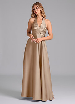 Azazie Tessie Bridesmaid Dresses Taupe A-Line Pleated Stretch Satin Dress image1