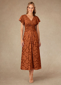Azazie Vera Mother of the Bride Dresses Burnt Orange A-Line Pleated Floral Burnout Dress image1