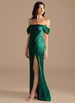 Azazie Lynden Bridesmaid Dresses Emerald Sheath Off the Shoulder Metallic Satin Convertible Dress image7