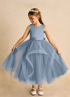 Azazie Vana Flower Girl Dresses Dusty Blue Ball-Gown Bow Tulle Dress image7