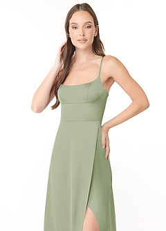 Azazie Halsey Bridesmaid Dresses Dusty Sage Sheath Side Slit Stretch Satin Dress image6