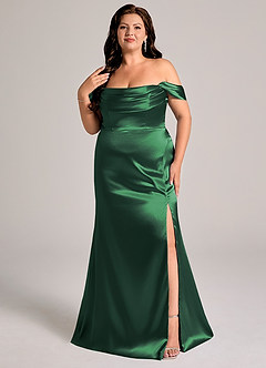 Azazie Saige Bridesmaid Dresses Dark Green Sheath Off the Shoulder Metallic Satin Convertible Dress image11