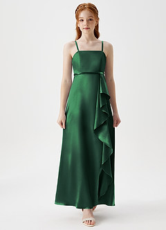 Azazie Kaylee Junior Robe Trapèze en Satiné métallisé avec ceinture Vert Foncé image4