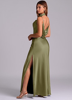Azazie Yazmine Final Sale Pistachio Mermaid Pleated Stretch Satin Dress image5