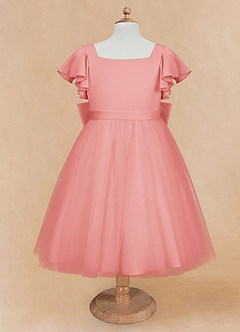 Azazie Kaeya Flower Girl Dresses Coral A-Line Bow Tulle Dress image5