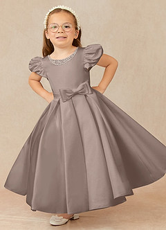 Azazie Jewel Flower Girl Dresses Taupe Ball-Gown Pleated Matte Satin Dress image1