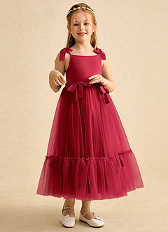 Azazie Jaci Blumenmädchenkleider A-Linie Spaghetti Riemen Chiffon Kleid Scharlachrot image3