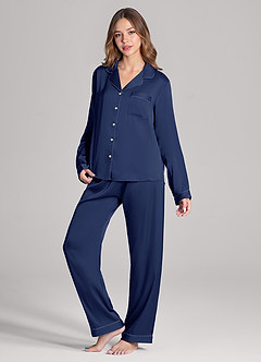 front Matching Color Long Sleeves and Pants Satin PJ Set