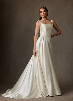 Azazie Samira Wedding Dresses Antique White A-Line Square Neckline Charmeuse Dress image3