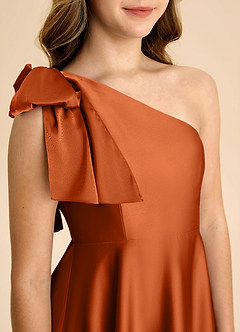 Azazie Penguin Junior Abito A-Line in Raso Elasticizzato Fiocco Arancia Bruciata image7