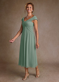 Azazie Mirta Mother of the Bride Dresses Silver Sage A-Line Pleated Floral Burnout Dress image4