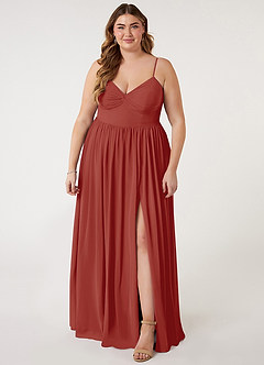 Azazie Zeya Brautjungfernkleider A-Linie V-Hals Gefaltet Chiffon Kleid Terrakotta image6