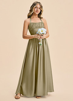 Azazie Kyrie Junior Moss Green A-Line Pleated Stretch Satin Dress image3