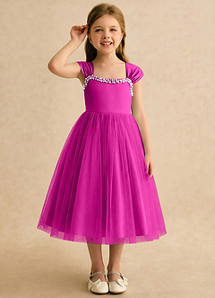 Azazie Yosemite Robe Demoiselle D'honneur Fillette Robe Princesse en Tulle Encolure en Forme de Cœur Fuchsia image5