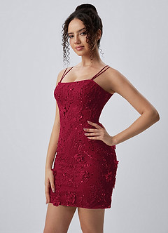Marceline Wine Spaghetti Strap 3D Floral Lace-Up Bodycon Mini Dress image5