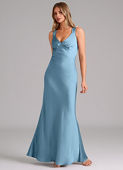 Azazie Kamila Bridesmaid Dresses Steel Blue A-Line Pleated Stretch Satin Dress image3