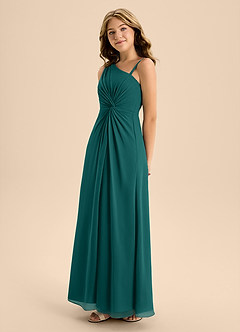 Azazie Brooke Junior Abito A-Line in Chiffon Spacco Laterale Verde Pavone image6