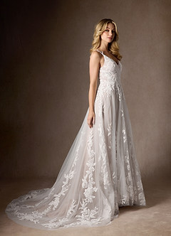 Azazie Delaina Wedding Dresses Diamond White Nude A-Line V-Neck Sequins Tulle Dress image7