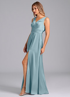 Azazie Karina Vestidos de damas de honor Vestido de Azul Malhumorado de Satén Elástico de Línea A con Plisado image3