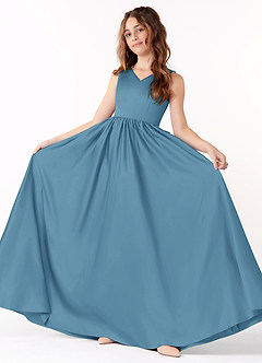 Azazie Hathaway Junior Steel Blue A-Line Bow Matte Satin Dress image1