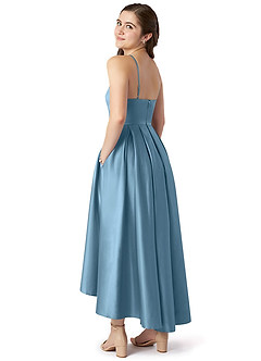 Azazie Jemima Junior Steel Blue A-Line with Pockets Stretch Satin Dress image5