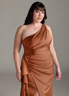 Azazie Maive Bridesmaid Dresses Copper Sheath Ruched Stretch Satin Dress image11