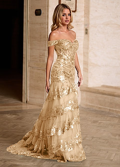 Jenna Champagne Ruffled Glitter Mermaid Prom Dress image9