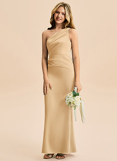 Azazie Akilah Junior Gold Sheath Pleated Stretch Satin Dress image5