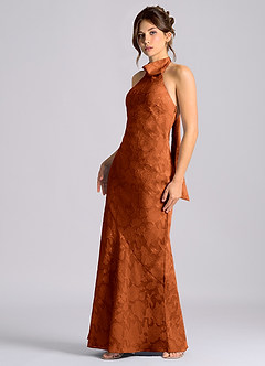 Azazie Velli Vestidos de damas de honor Vestido de Naranja Quemada de Devorado Floral de Corte Sirena con Cuello Alto image6